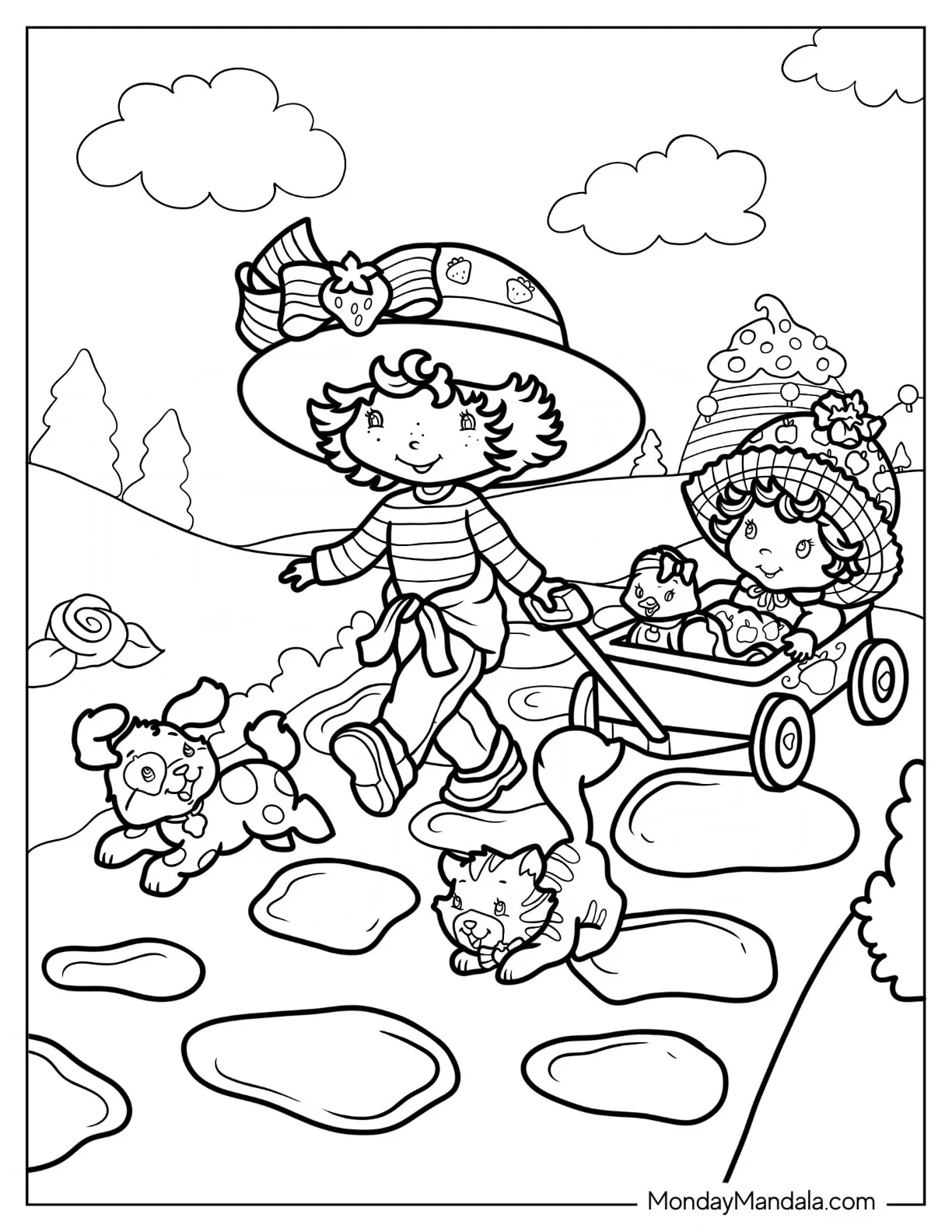 Strawberry Shortcake Coloring Page Pulling Apple Dumplin  In A Cart coloring page