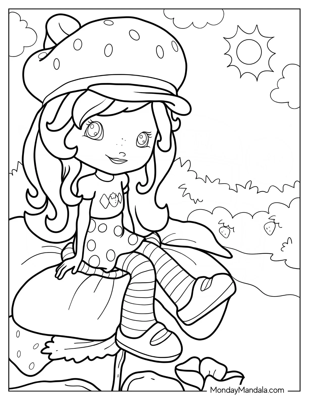 Strawberry Shortcake Coloring Page Sitting On Large Flower coloring page