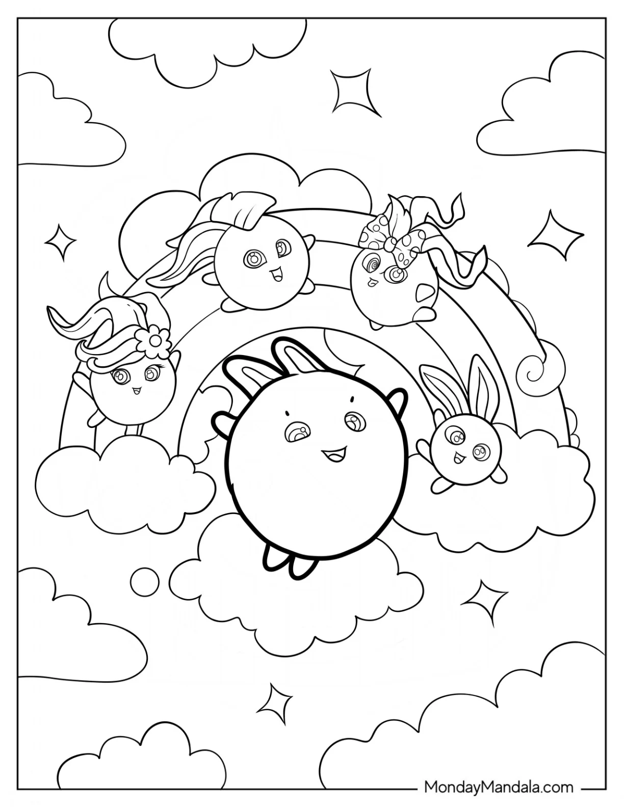 Sunny Bunnies Coloring Page Of Big Boo, Iris, Turbo, Shiny, And Hopper On A Rainbow coloring page