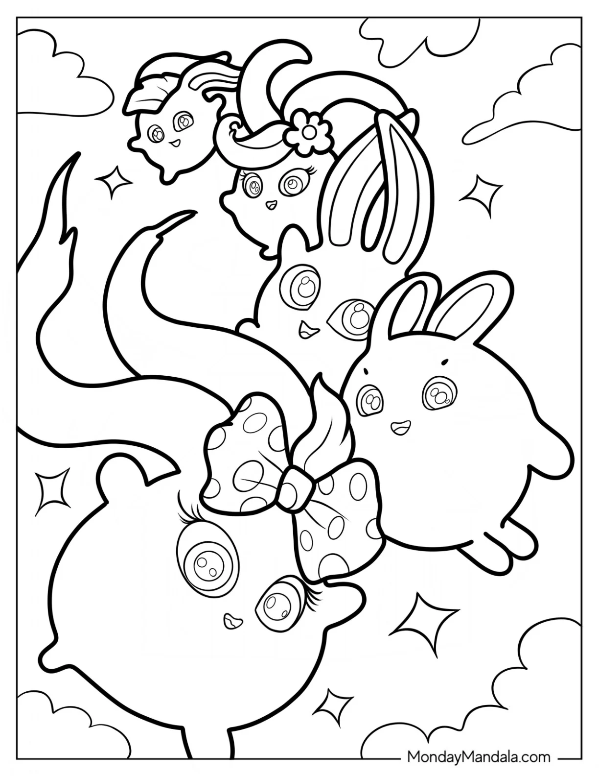 Sunny Bunnies Coloring Page Of Easy Iris, Big Boo, Hopper, Shiny, And Turbo In The Sky For Preschoolers coloring page