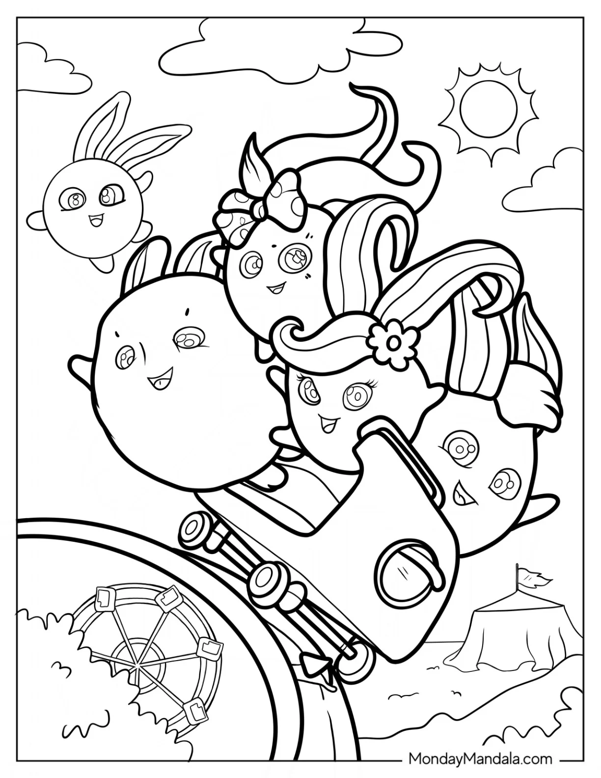 Sunny Bunnies Coloring Page Turbo, Shiny, Big Boo, Iris, And Hopper Riding Rollercoaster For Kids coloring page