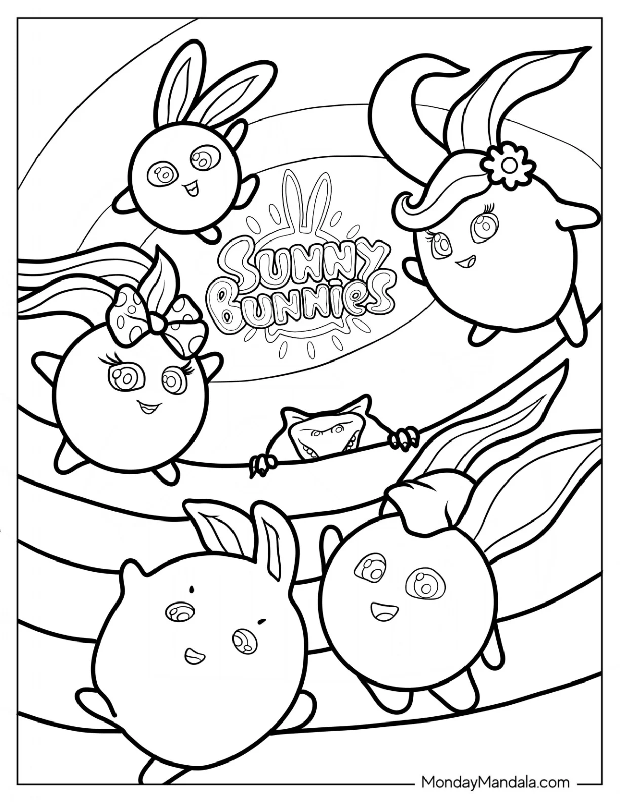 Sunny Bunnies With Hopper, Shiny, Iris, Big Boo, Turbo, And Gray Wolf coloring page