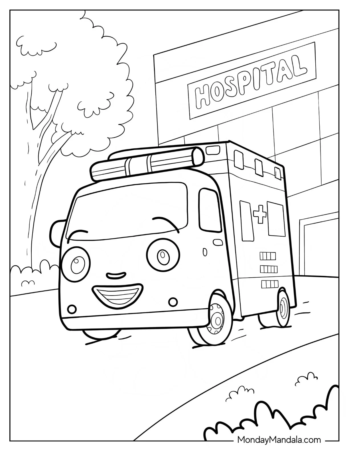 Tayo Coloring Page Of Alice The Ambulance In Front Of Hospital coloring page