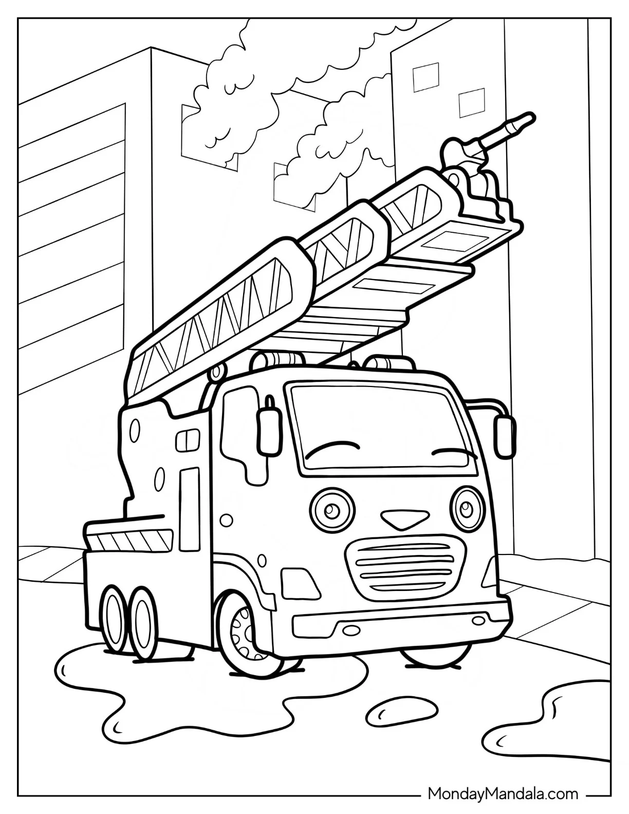 Tayo Coloring Page Of Frank The Fire Truck Next To Burning Building coloring page