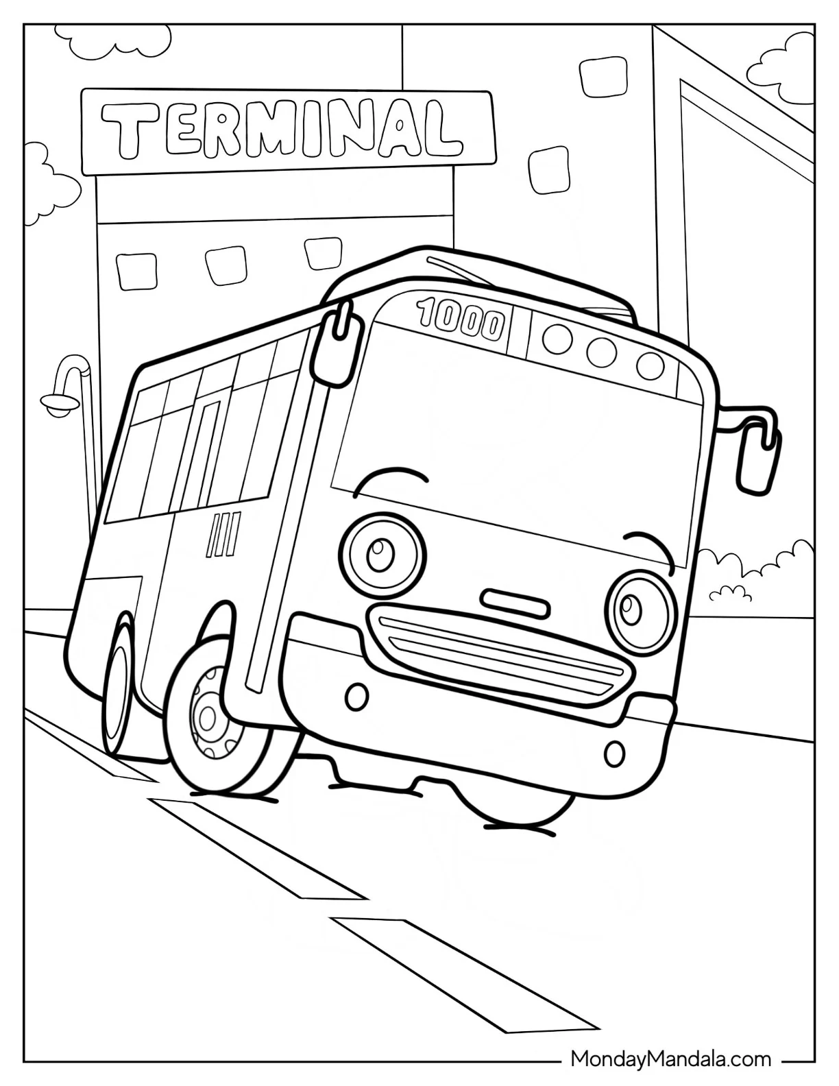 Tayo Coloring Page Of Kawaii Rogi At The Bus Terminal For Kids coloring page