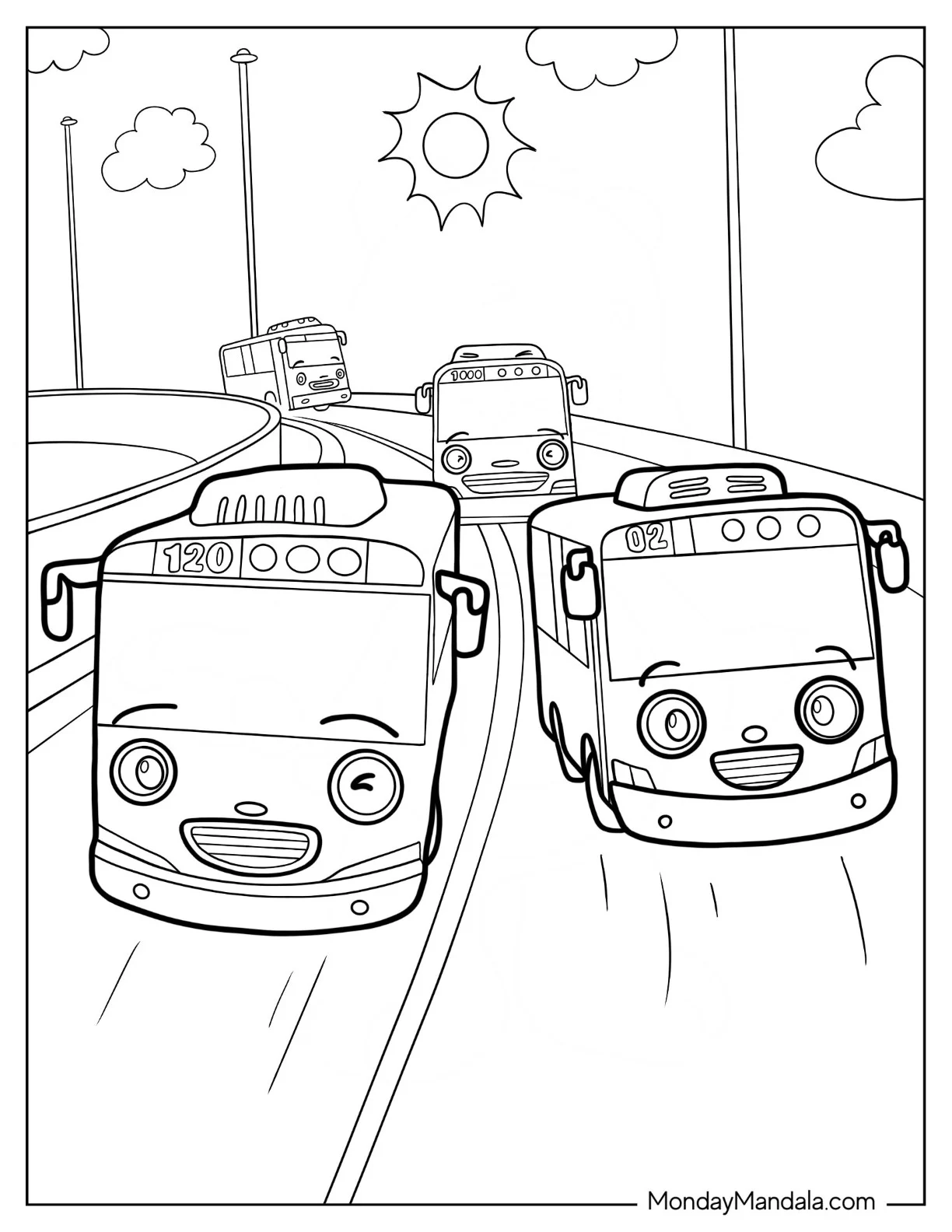 Tayo Coloring Page Of Lani, Rogi, And Gani On Highway For Kids coloring page