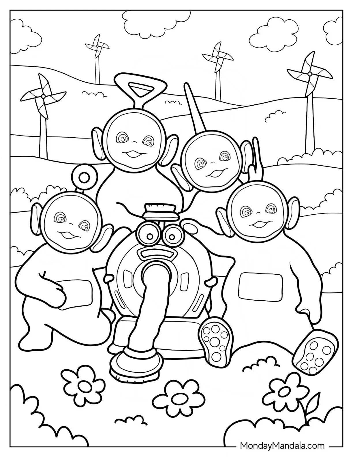 Detailed Teletubbies Coloring Page With Noo Noo coloring page