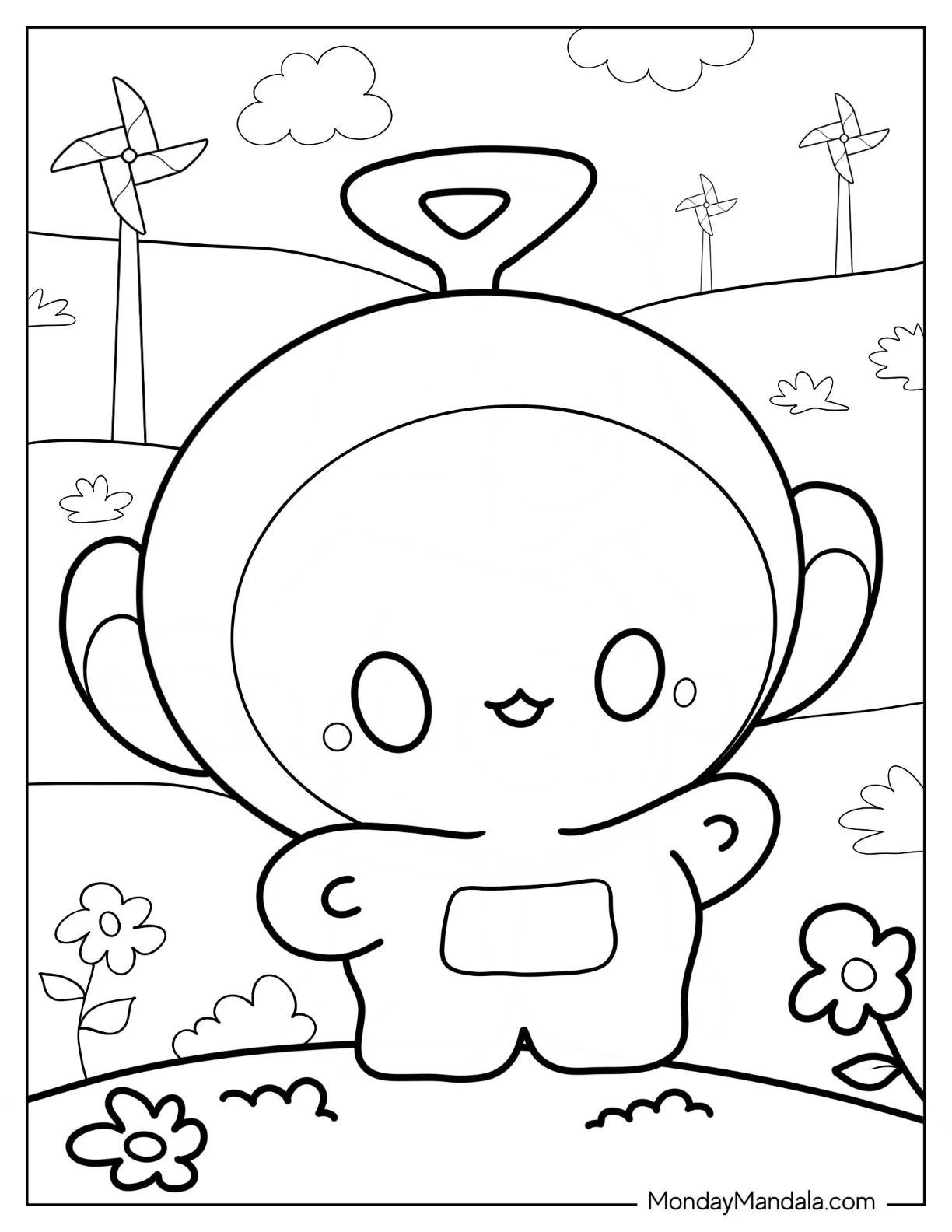 Teletubbies Coloring Page Of Chibi Tinky Winky With Arms Open For Preschoolers coloring page