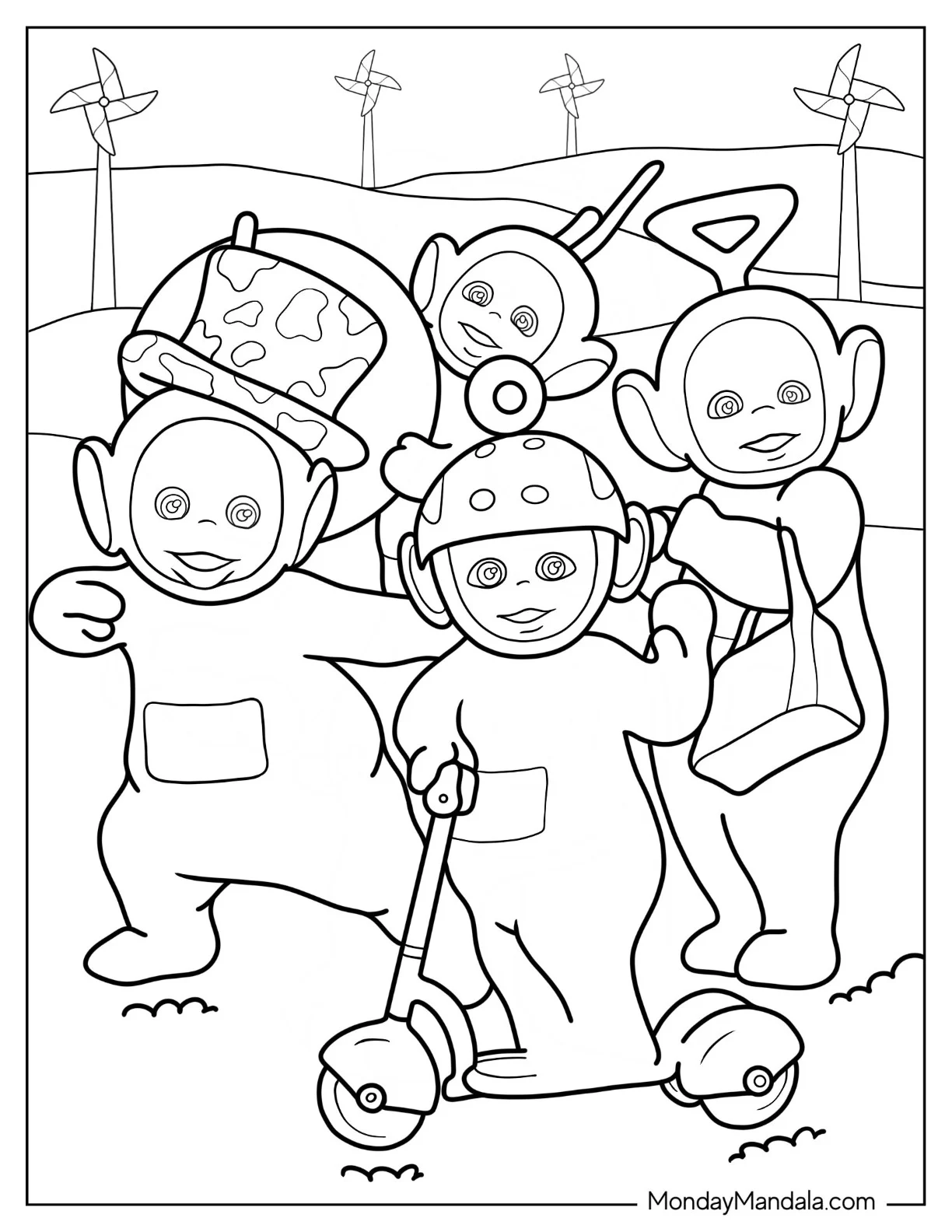 Teletubbies Coloring Page Of Dipsy, Laa Laa, Tinky Winky, And Po With Scooter, Bag, And Hat coloring page