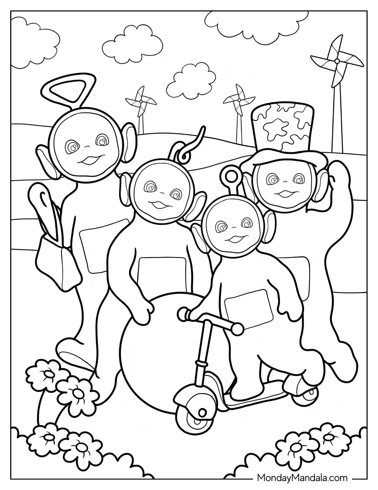 Teletubbies Coloring Page Of Laa Laa, Dipsy, Tinky Winky, And Po Outdoors With Windmill coloring page
