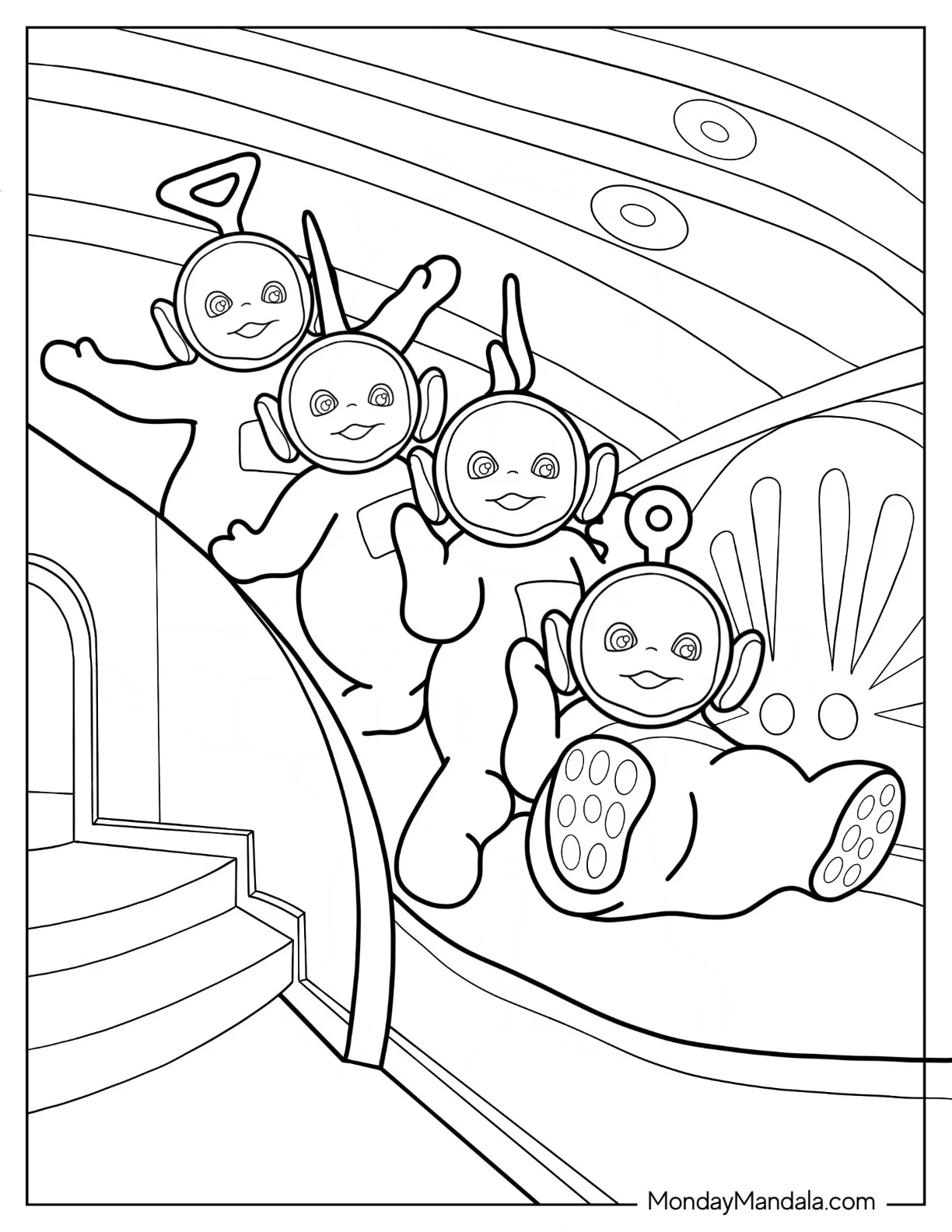 Teletubbies Coloring Page Of Po, Laa Laa, Tinky Winky, And Dispy Going Down Slide coloring page