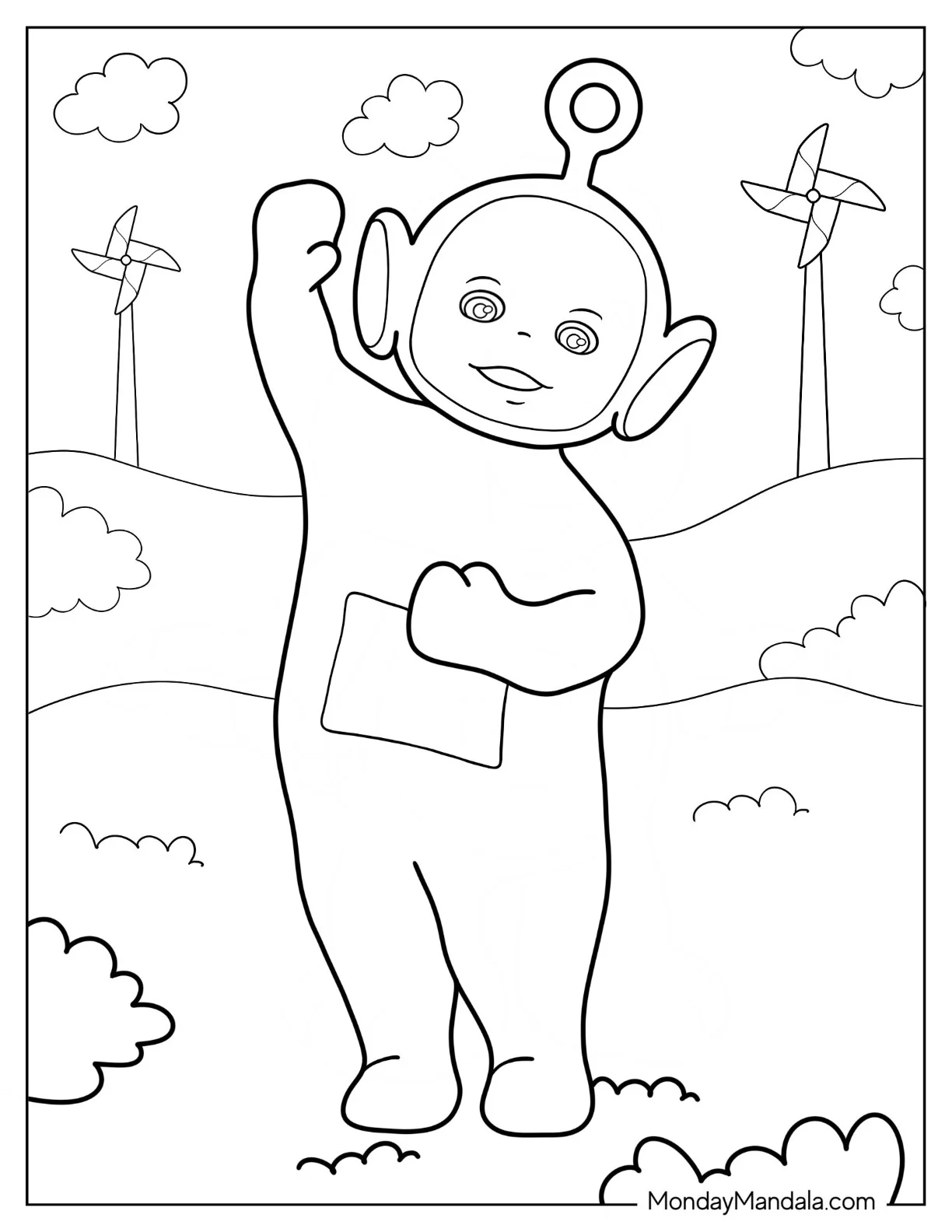 Teletubbies Coloring Page Of Smiling Po Waving In Forest coloring page