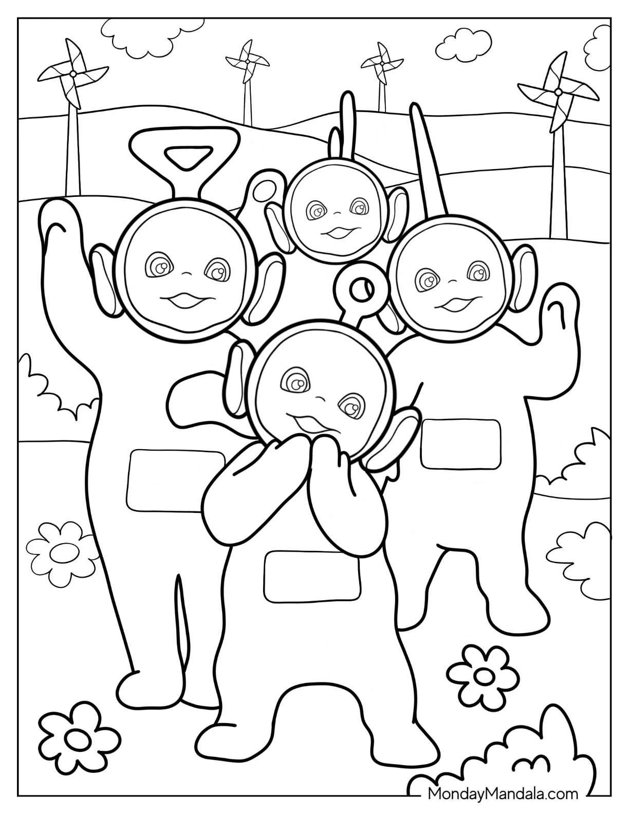 Teletubbies Coloring Page Of Tinky Winky, Dipsy, Laa Laa, And Po Waving Teletubbies coloring page