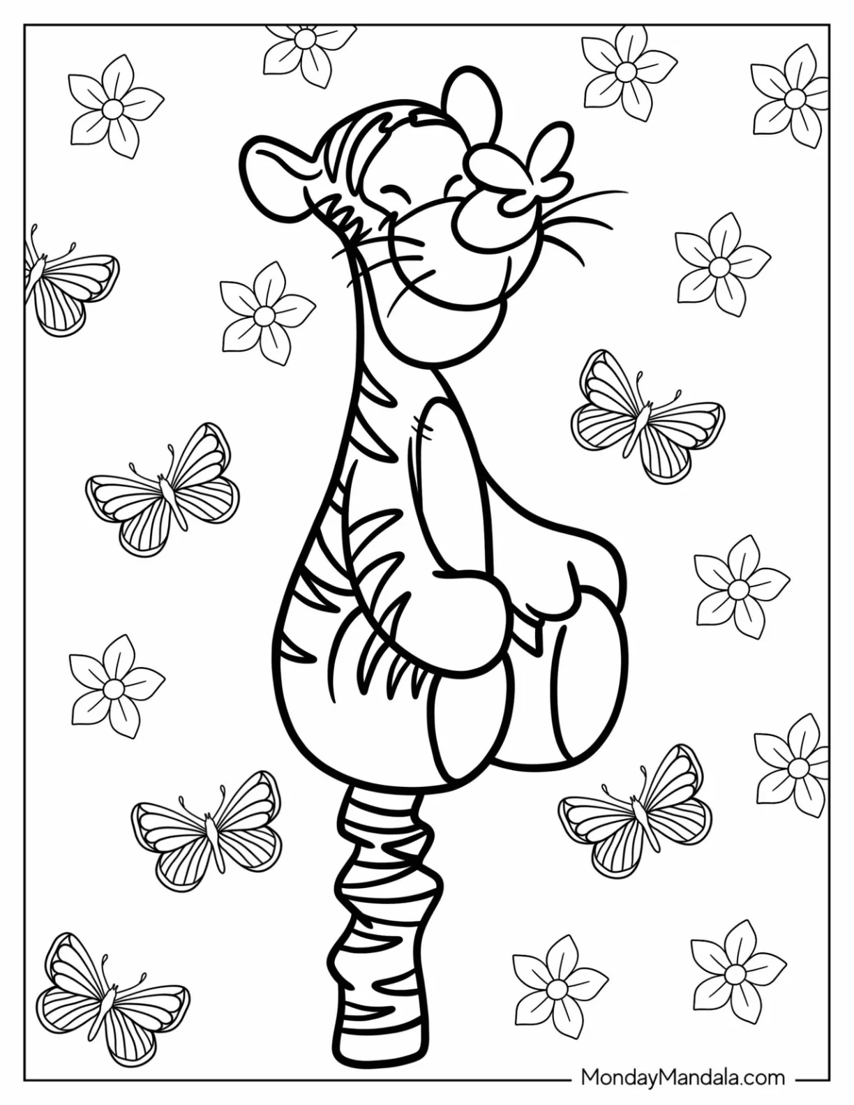Kawaii Tigger Coloring Page With Butterfly On His Nose coloring page