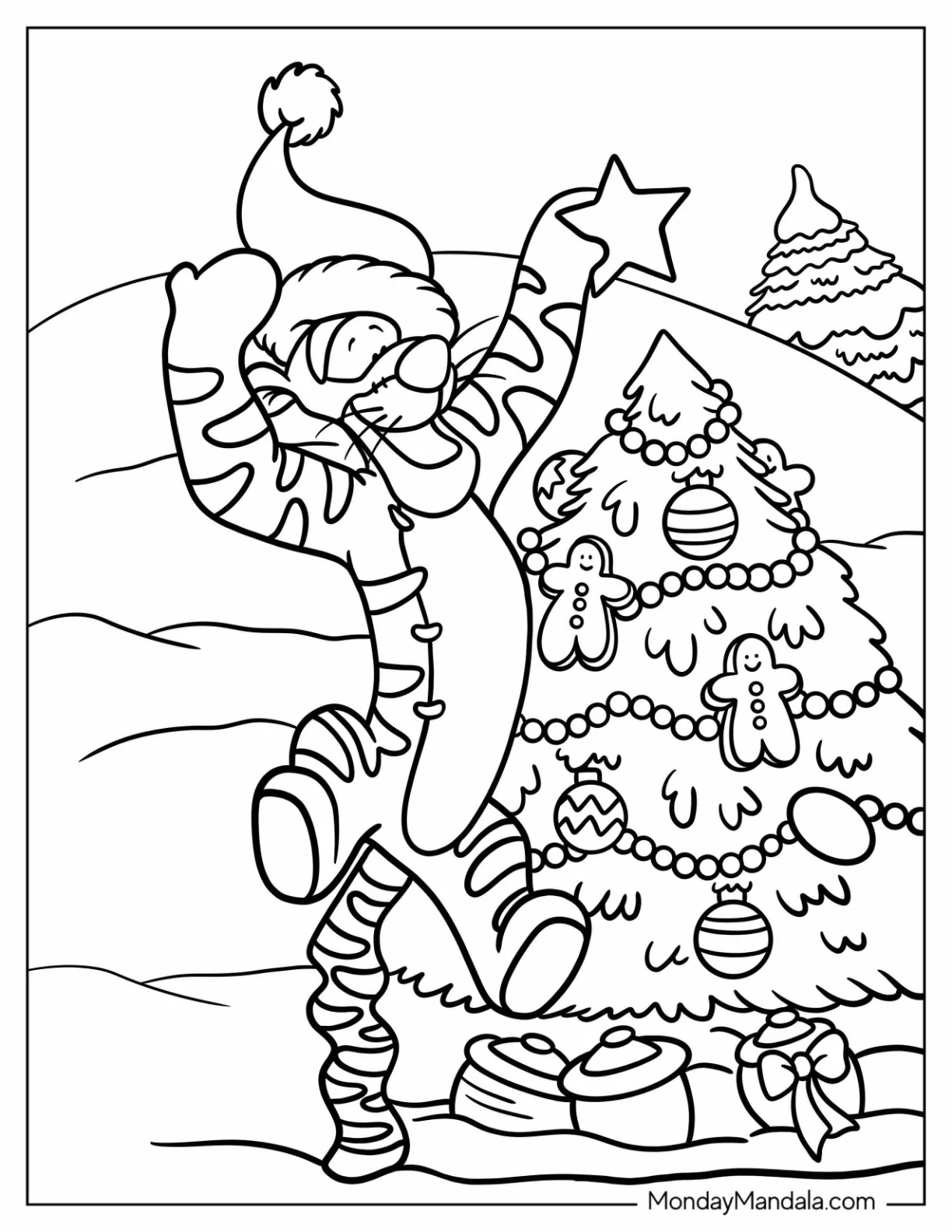 Tigger Coloring Page Decorating A Christmas Tree In Winter coloring page