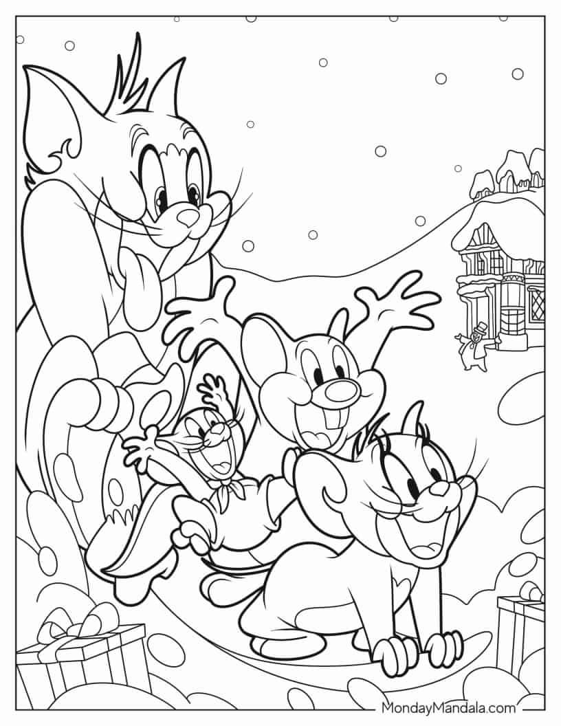 Christmas Tom and Jerry in Winter Wonderland coloring page — printable line art