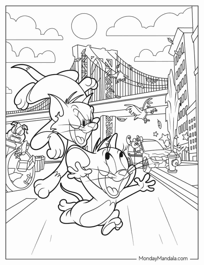 Detailed Tom and Jerry Characters in City coloring page