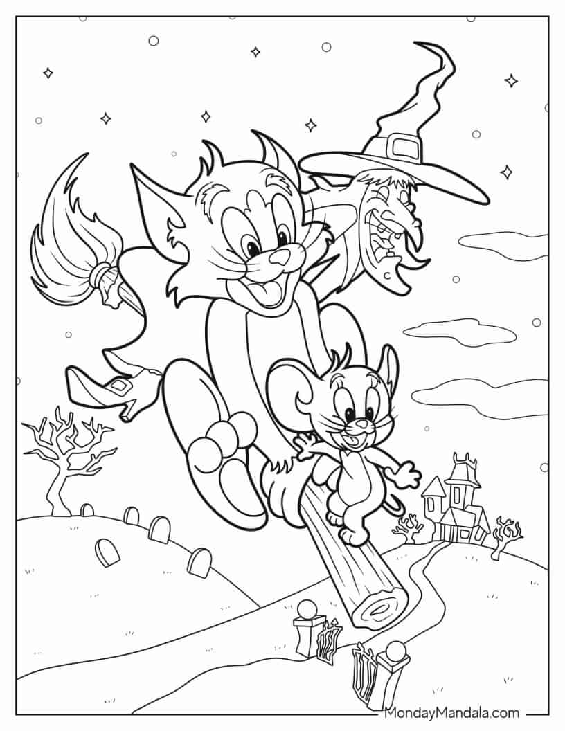 Halloween Coloring Sheet of Tom and Jerry with Witch coloring page
