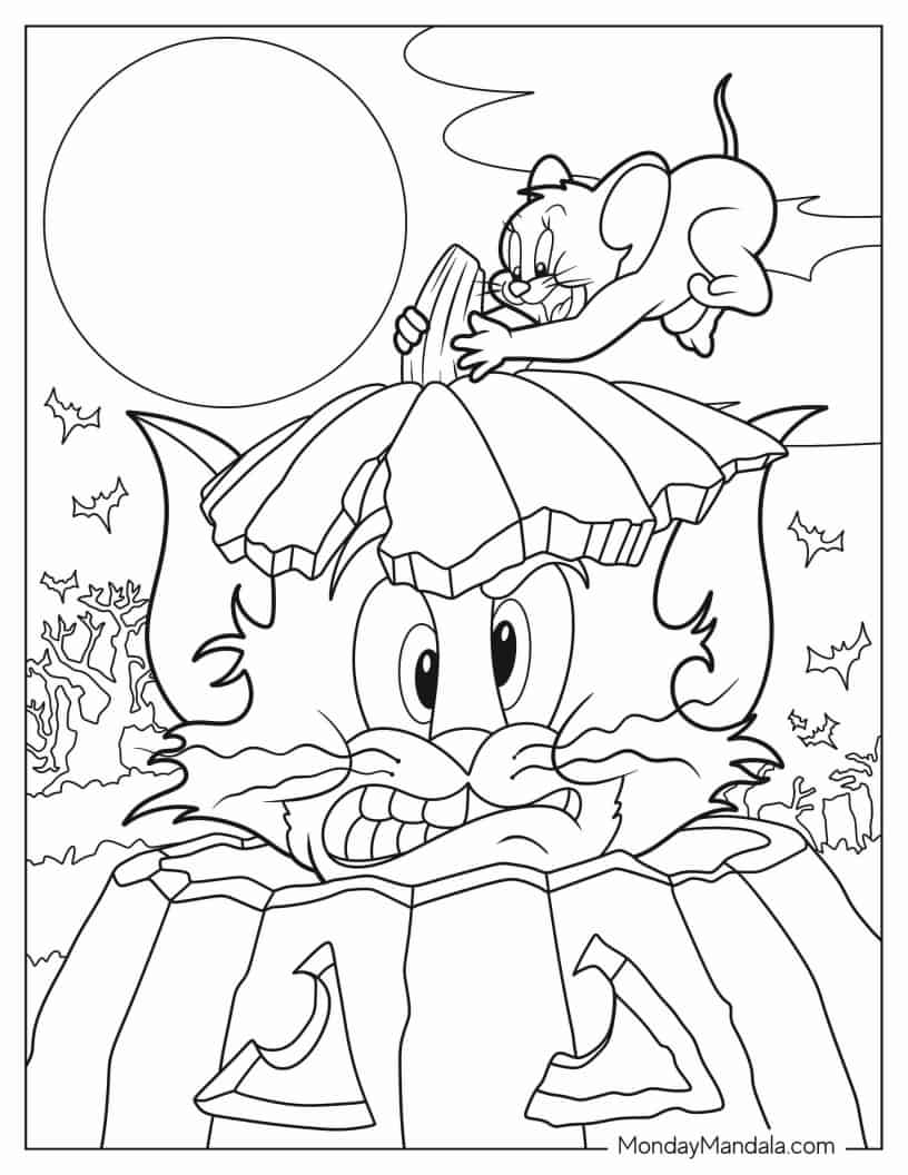 Jerry Putting Tom Inside Jack-O-Lantern Coloring Page coloring page — printable line art