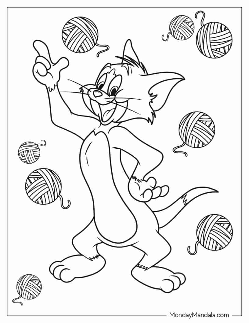 Simple Outline of Tom Smiling with Yarns in Background coloring page — printable line art