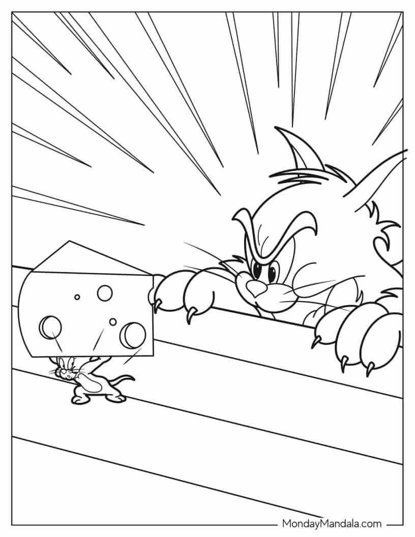 Tom Catches Jerry Stealing Cheese coloring page — printable line art