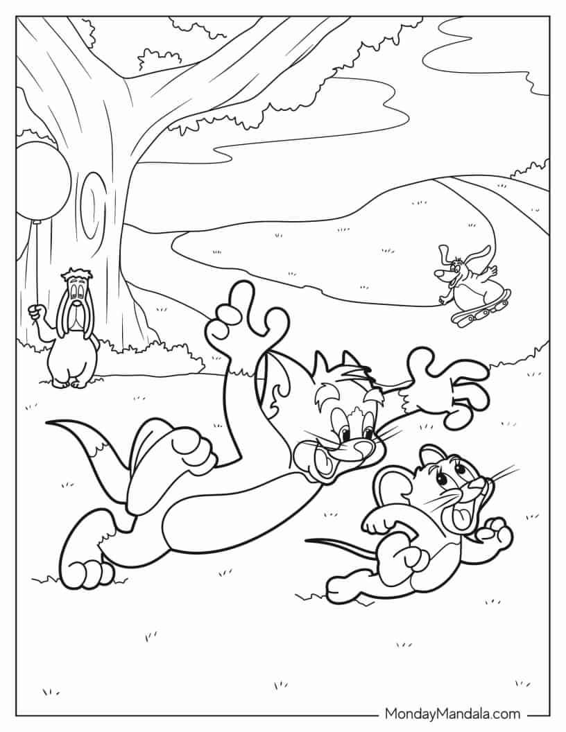 Tom Chasing Jerry With Droopy in Background coloring page