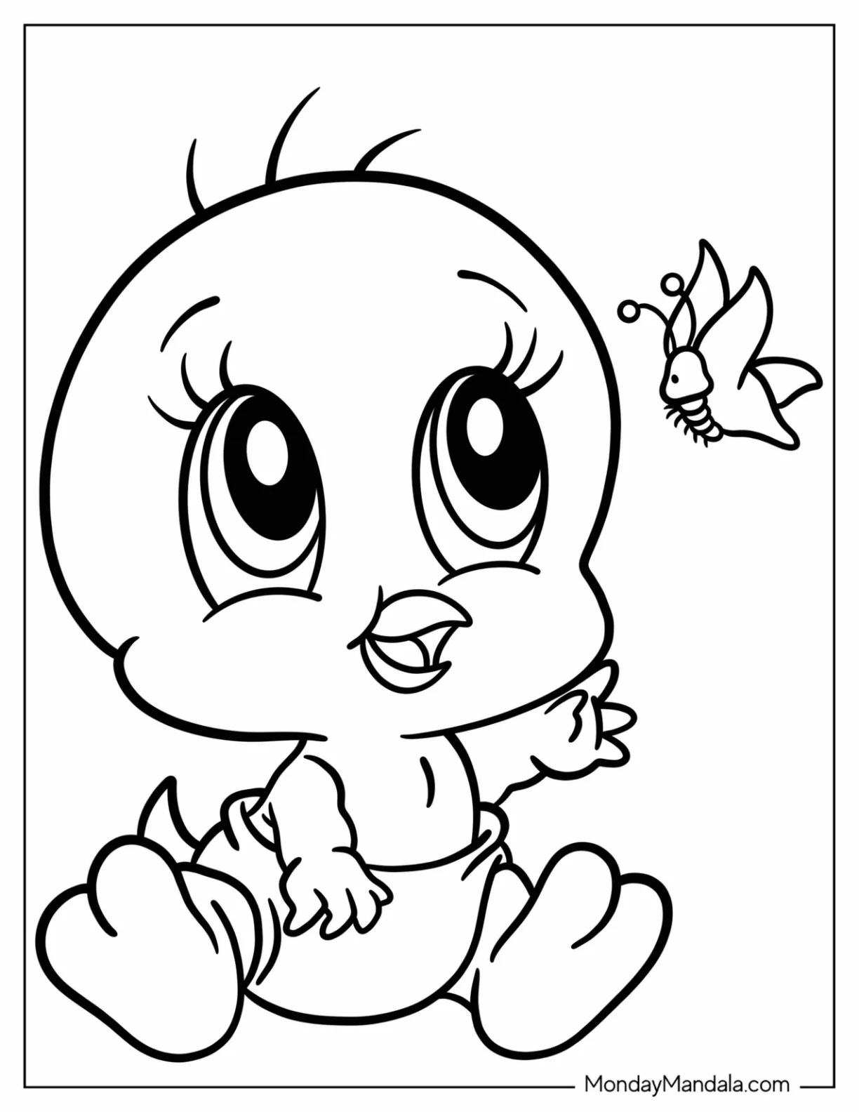 Baby Tweety Coloring Page Reaching For Butterfly coloring page — printable line art