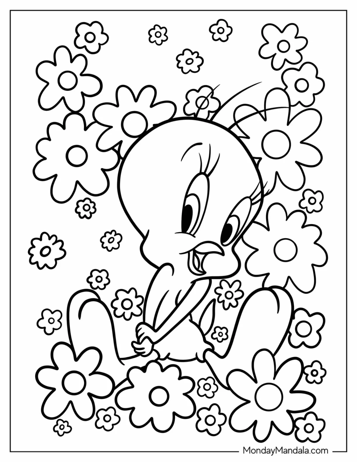 Cute Tweety Coloring Page Bird With Flowers coloring page — printable line art