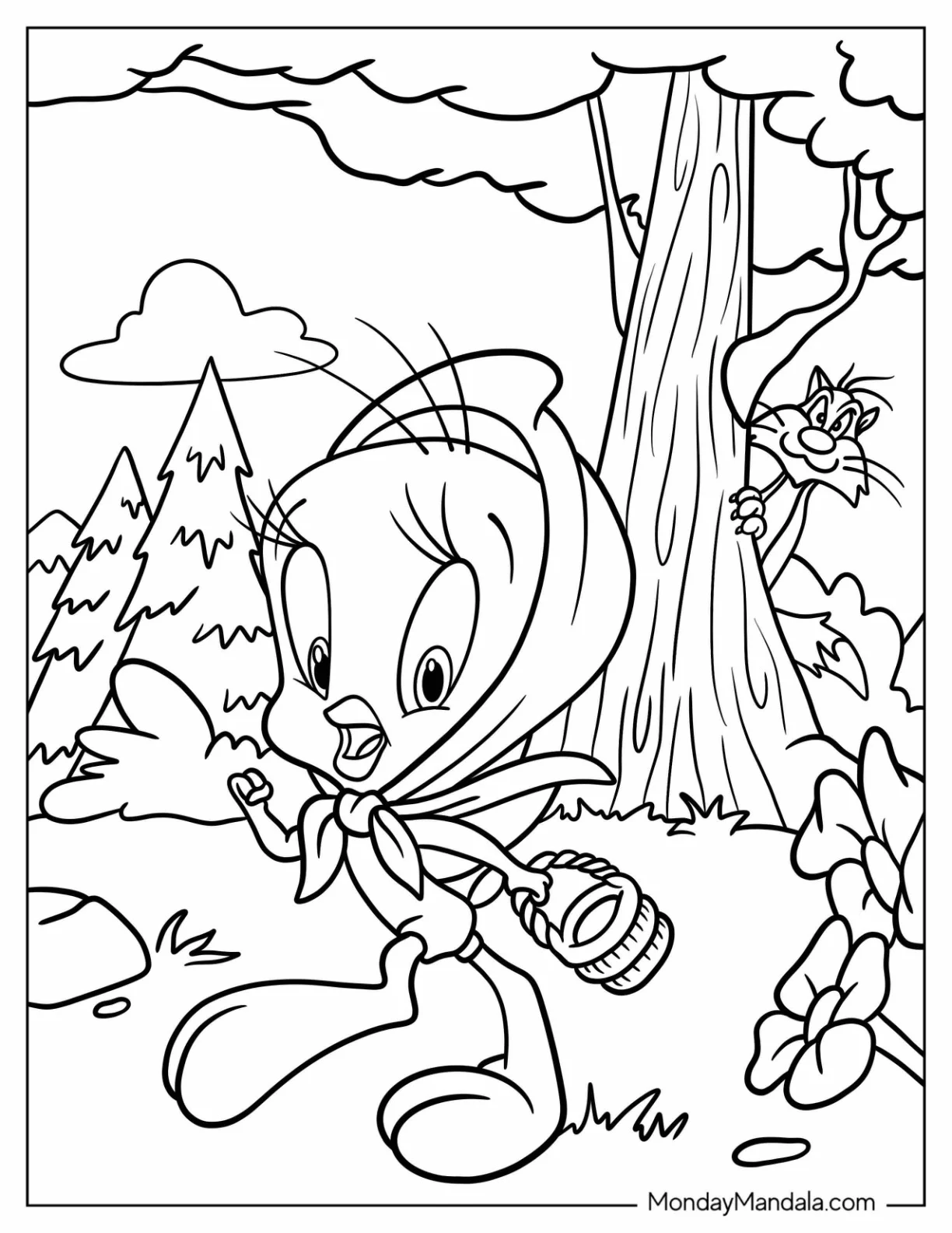 Little Red Riding Hood Tweety Coloring Page With Sylvester In The Background coloring page