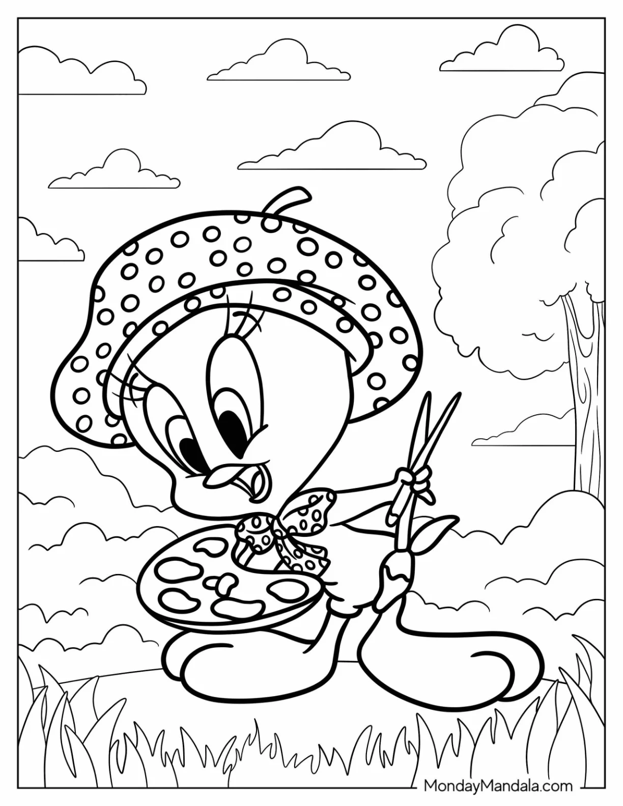 Painter Tweety Coloring Page Bird With Brushes And Palette coloring page