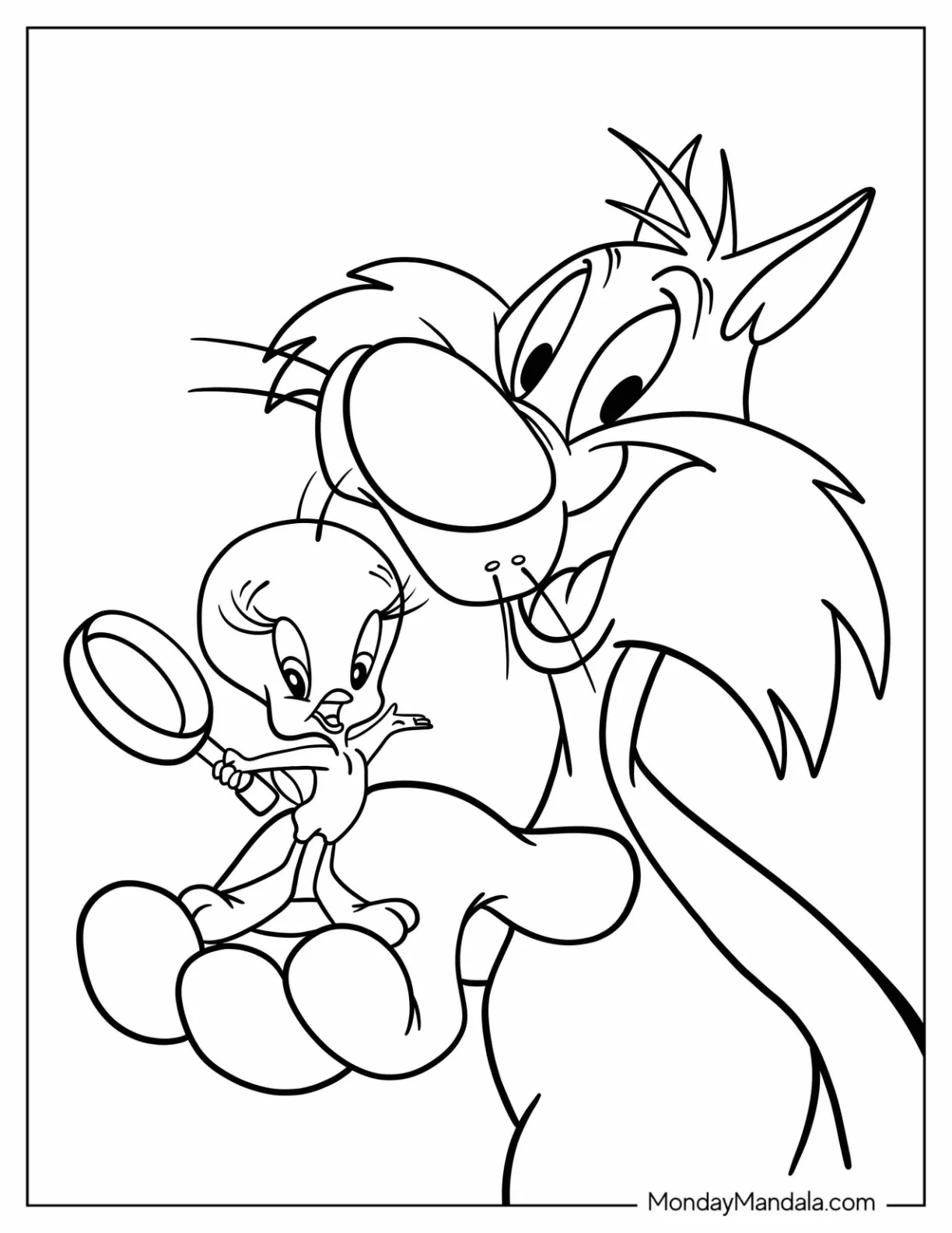 Simple Tweety Coloring Page Bird Holding A Magnifying Glass With Sylevester coloring page — printable line art