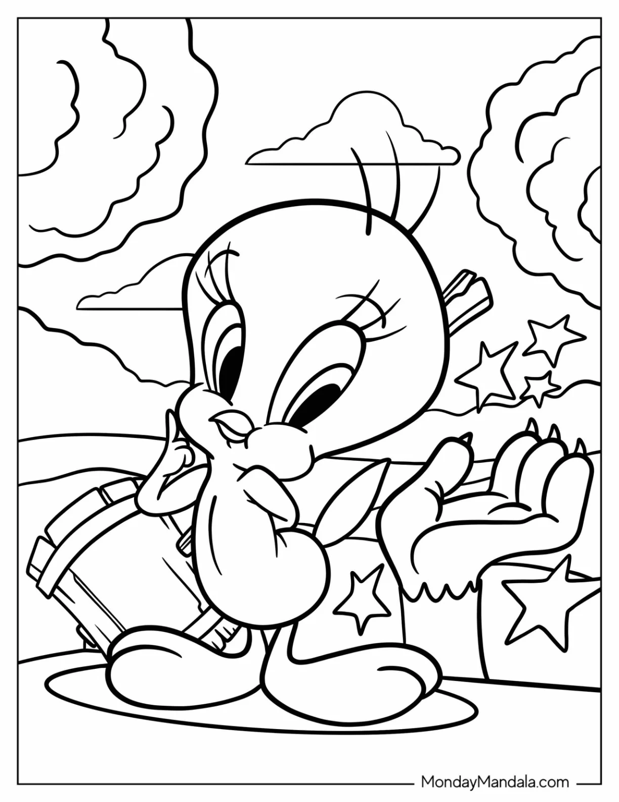 Tweety Coloring Page Bird Holding Hammer Next To Sylvester's Hand coloring page