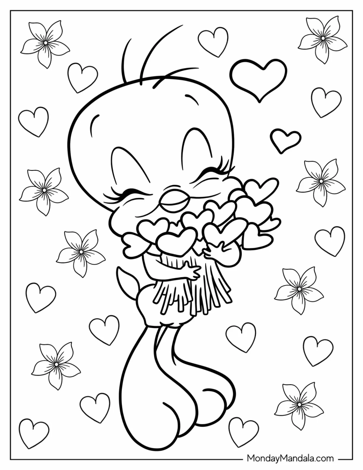 Tweety Coloring Page Bird Holding Hearts coloring page