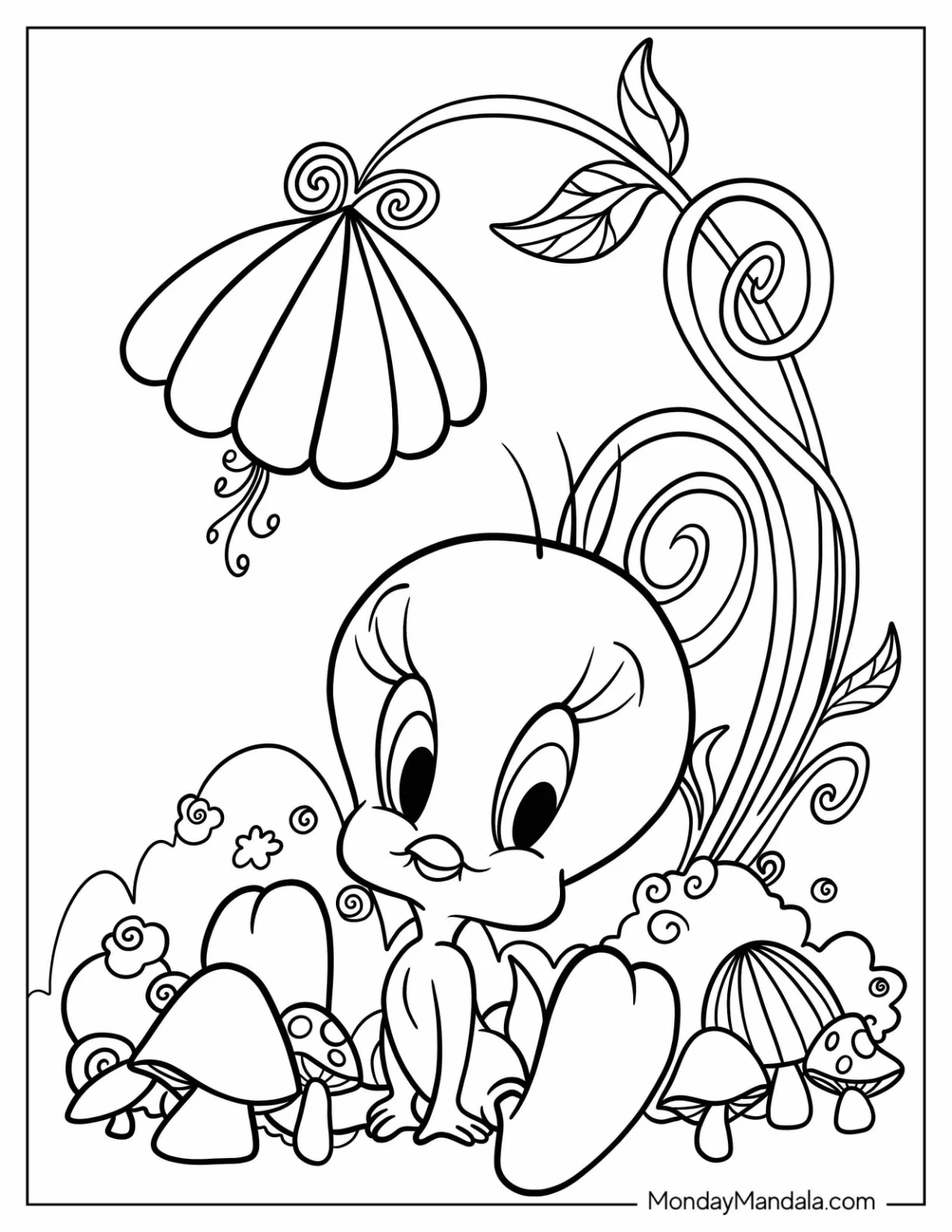 Tweety Coloring Page Bird Sitting Next To Mushrooms coloring page