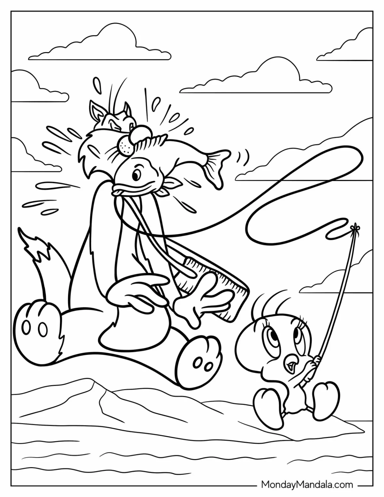 Tweety Coloring Page Hitting Sylvester With A Fish coloring page