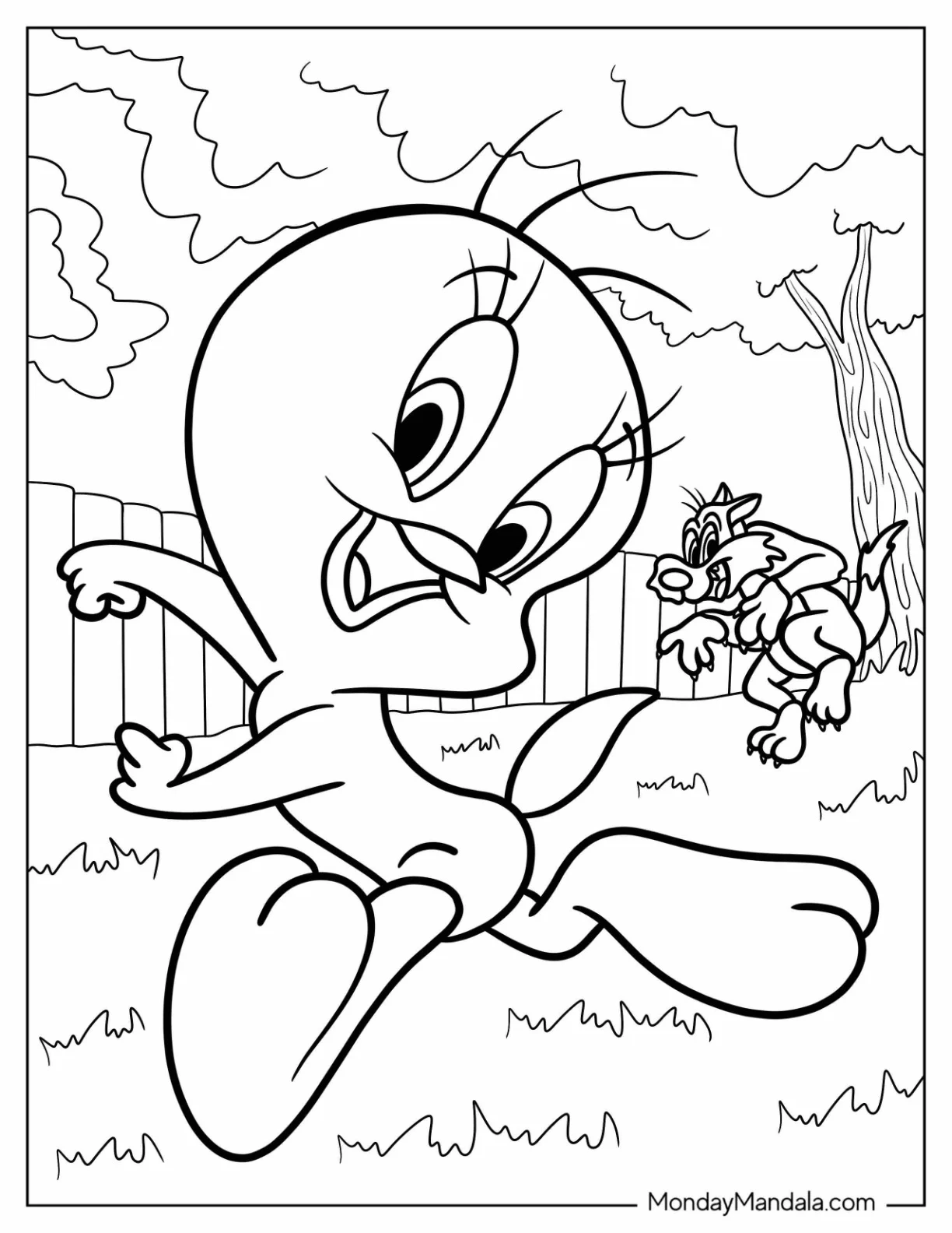 Tweety Coloring Page Running Away From Sylvester In The Backyard coloring page