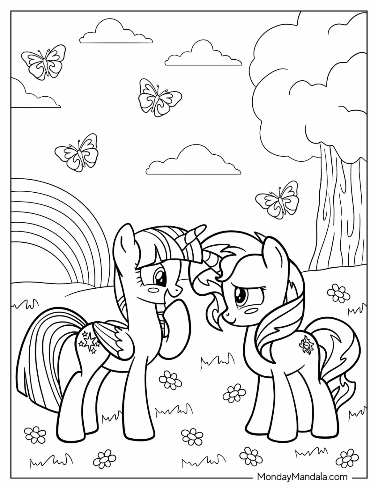 Sunset Shimmer And Twilight Sparkle Coloring Page In A Flower Field coloring page — printable line art