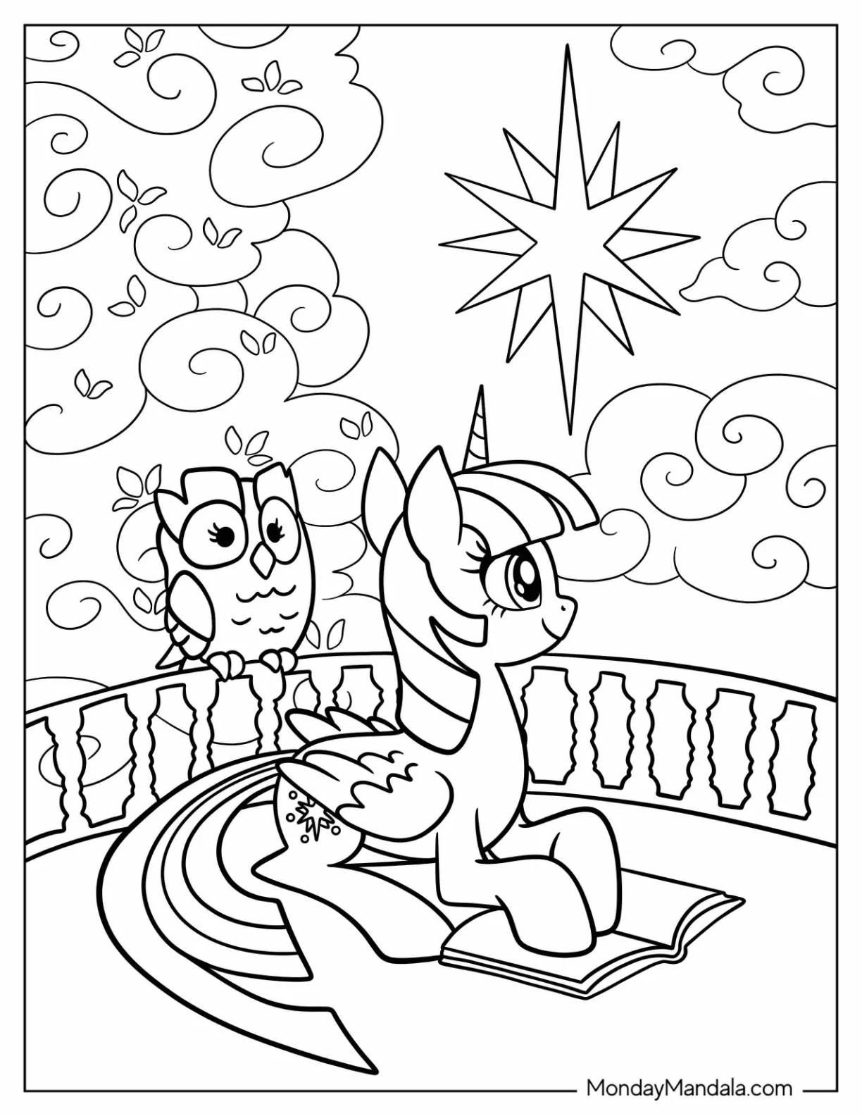 Twilight Sparkle Coloring Page Reading A Book On A Balcony coloring page