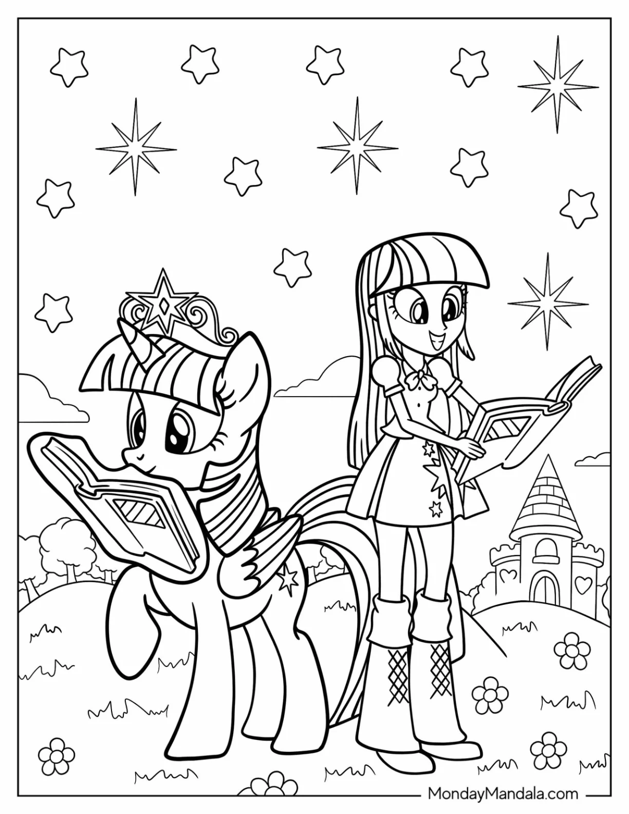 Twilight Sparkle Coloring Page With Equestria Girl Version coloring page — printable line art