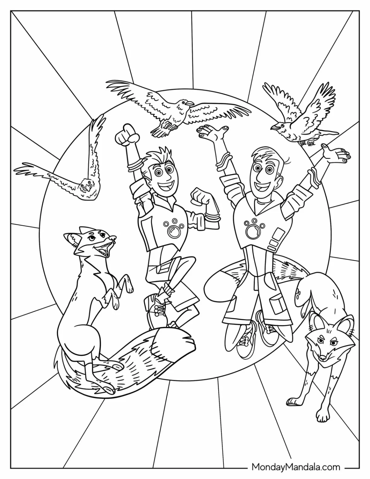 Wild Kratts Coloring Page Of Chris And Martin Kratt With Birds And Foxes coloring page
