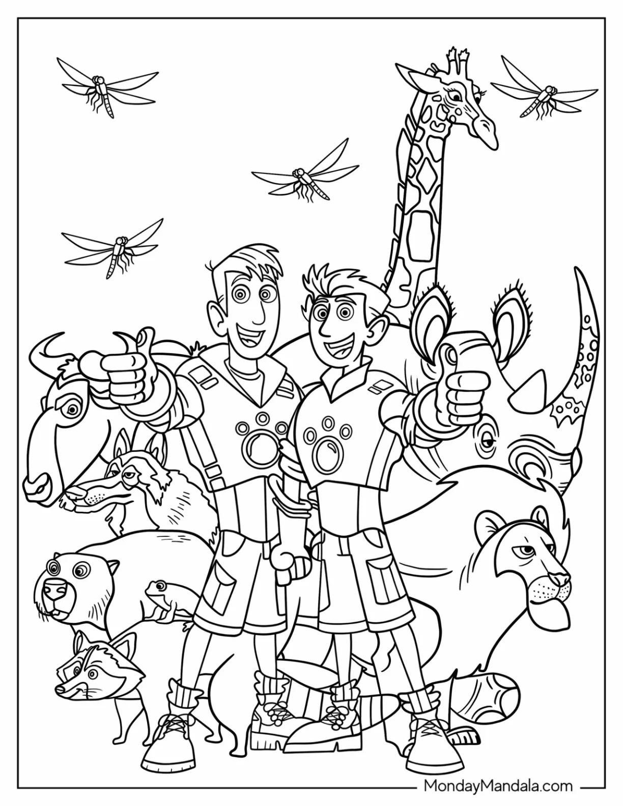 Wild Kratts Coloring Page Of Chris And Martin Kratt With Jungle Animals coloring page