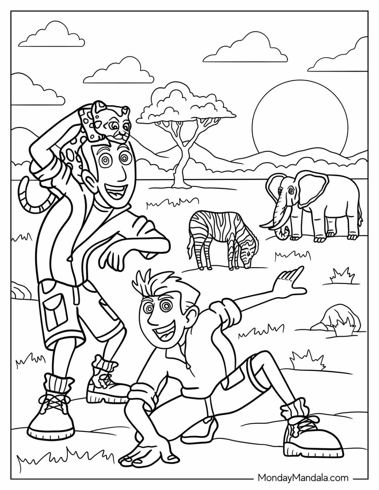 Wild Kratts Coloring Page Of Chris And Martin Playing With Animals coloring page