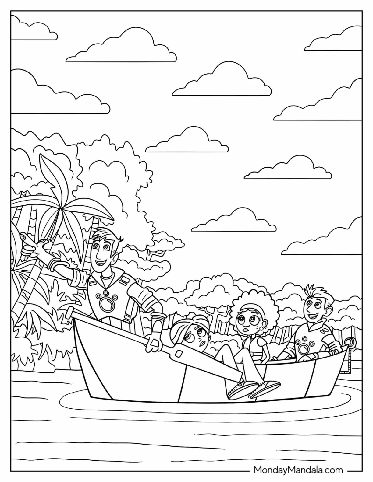 Wild Kratts Coloring Page Of Chris, Koki, Aviva, And Martin On Boat coloring page