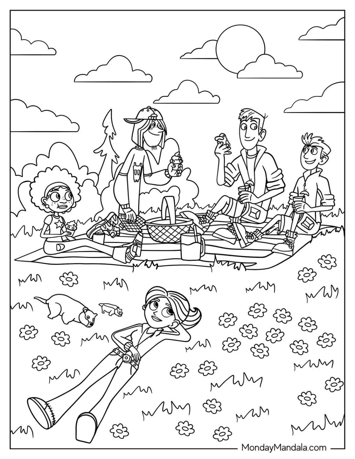 Wild Kratts Coloring Page Of Chris Kratt, Martin Kratt, Jimmy Z, Koki, And Aviva Having A Picnic coloring page