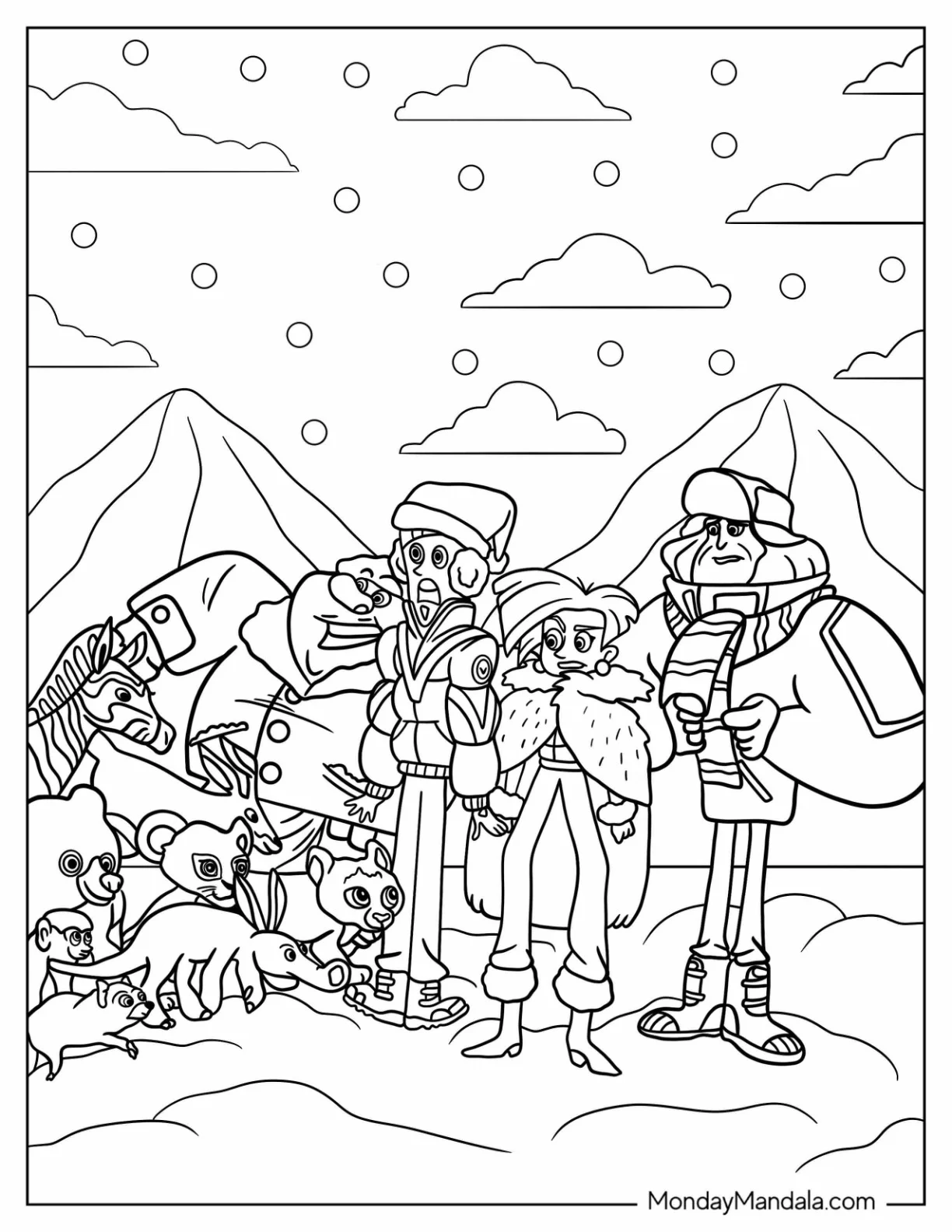 Wild Kratts Coloring Page Of Gaston, Zach, Donita, And Dabio With Animals In Winter coloring page