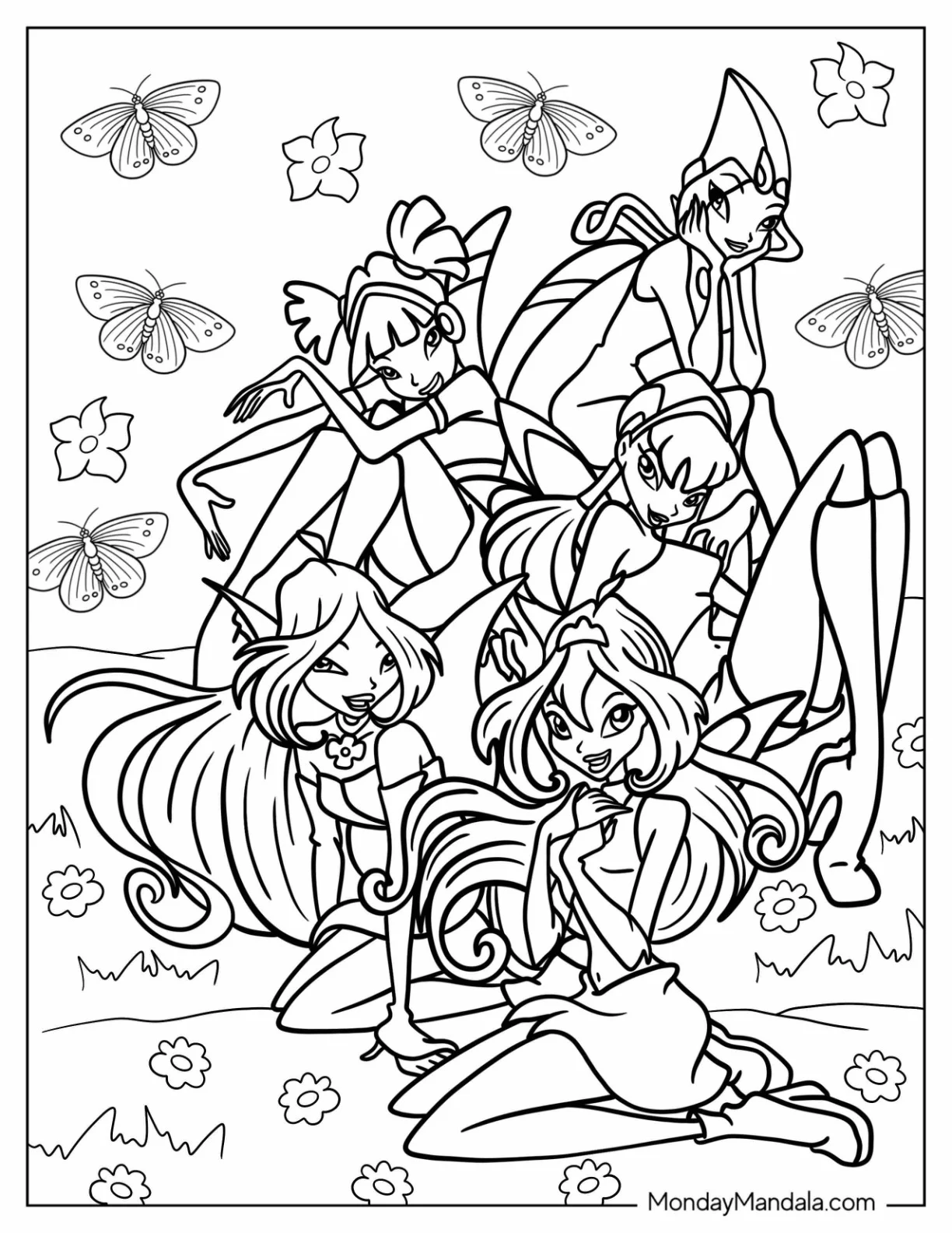 Tecna, Musa, Stella, Flora, And Bloom Winx Coloring Page Club coloring page