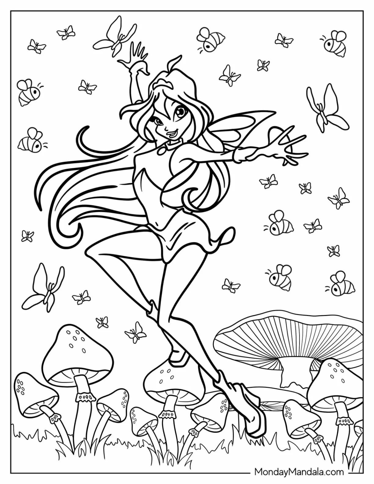 Winx Coloring Page Club Bloom In Mushroom Garden With Butterflies coloring page