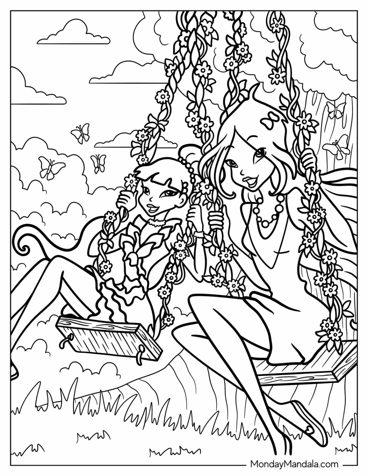 Winx Coloring Page Musa And Aisha On A Swing With Flowers coloring page