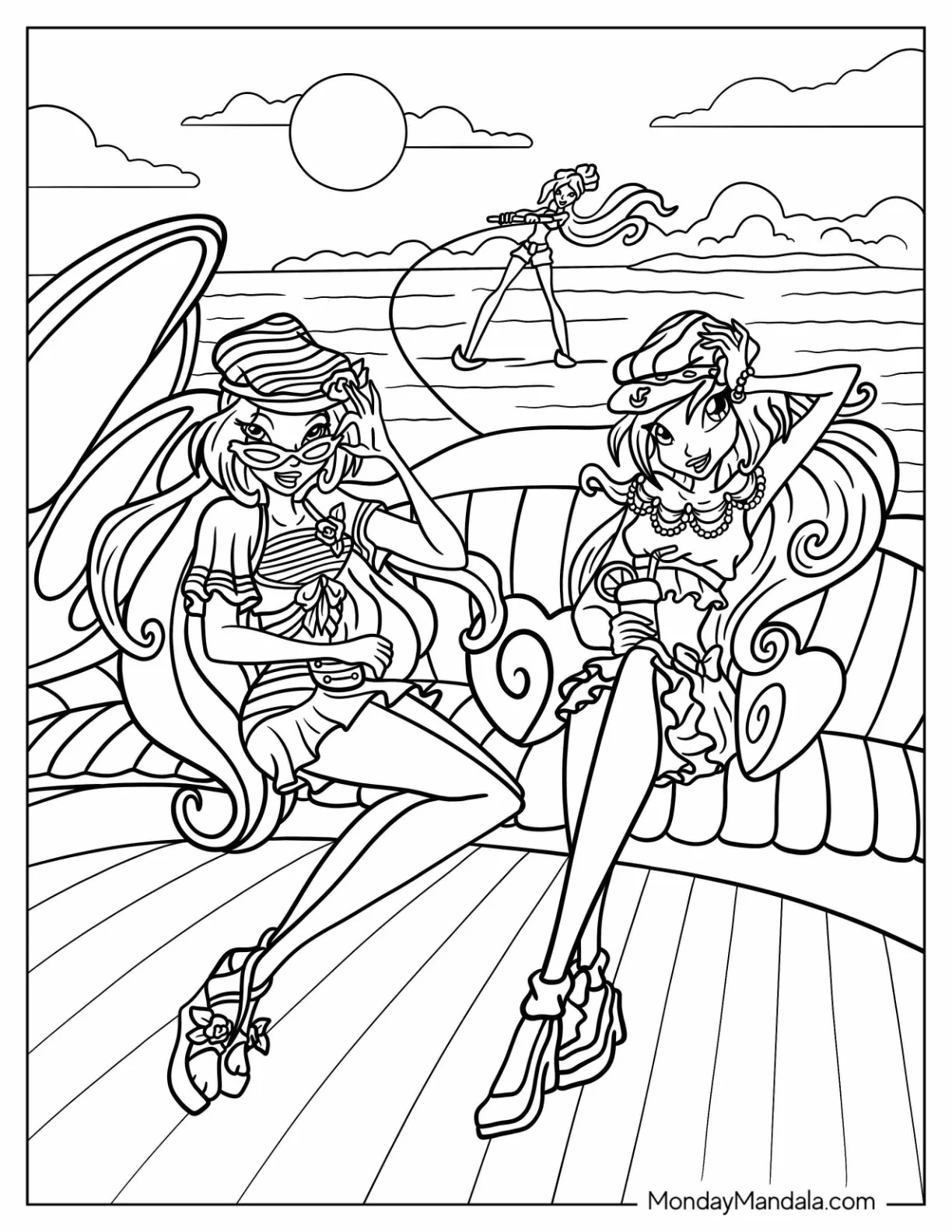 Winx Coloring Page Of Bloom, Flora, And Stella On A Yacht coloring page