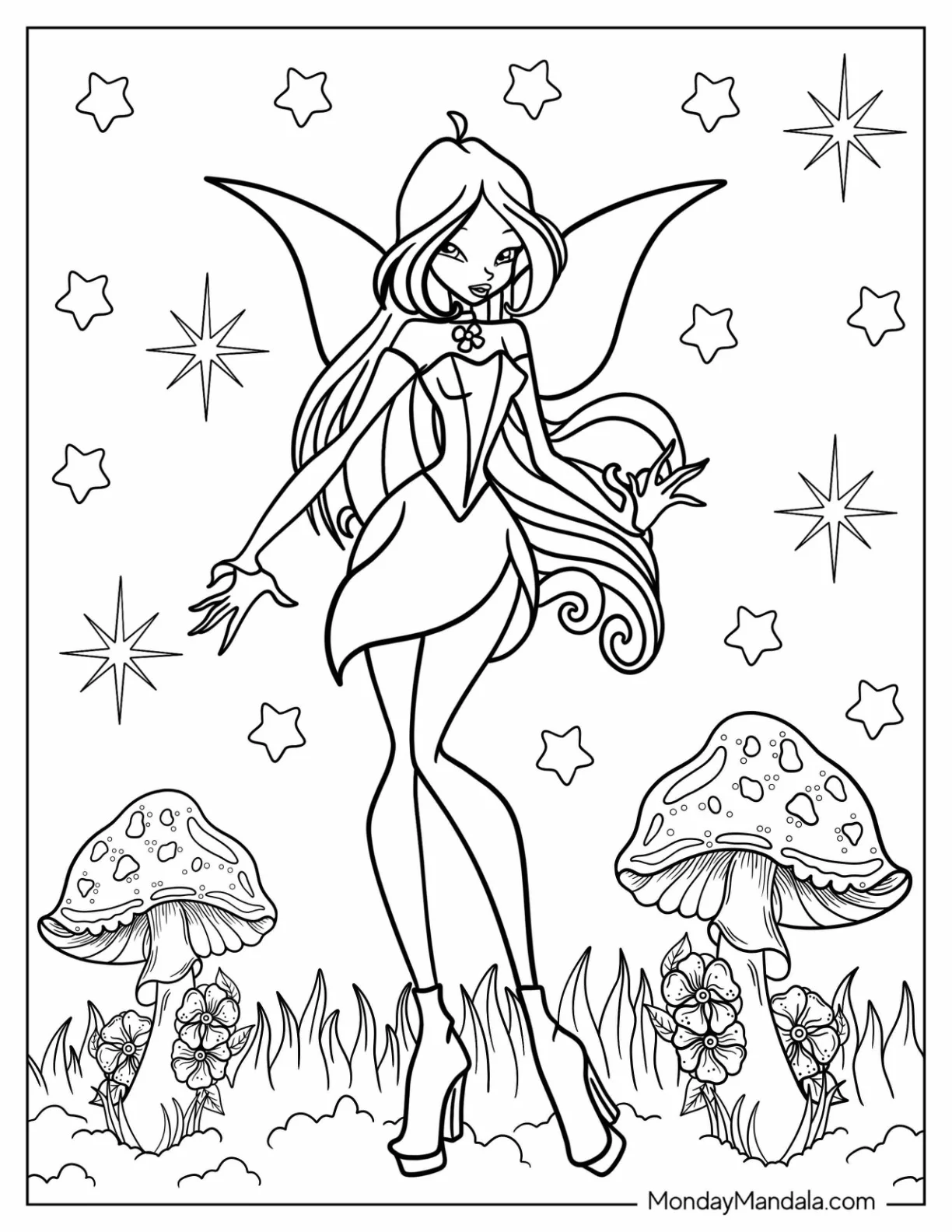 Winx Coloring Page Of Fairy Flora With Mushrooms And Stars coloring page